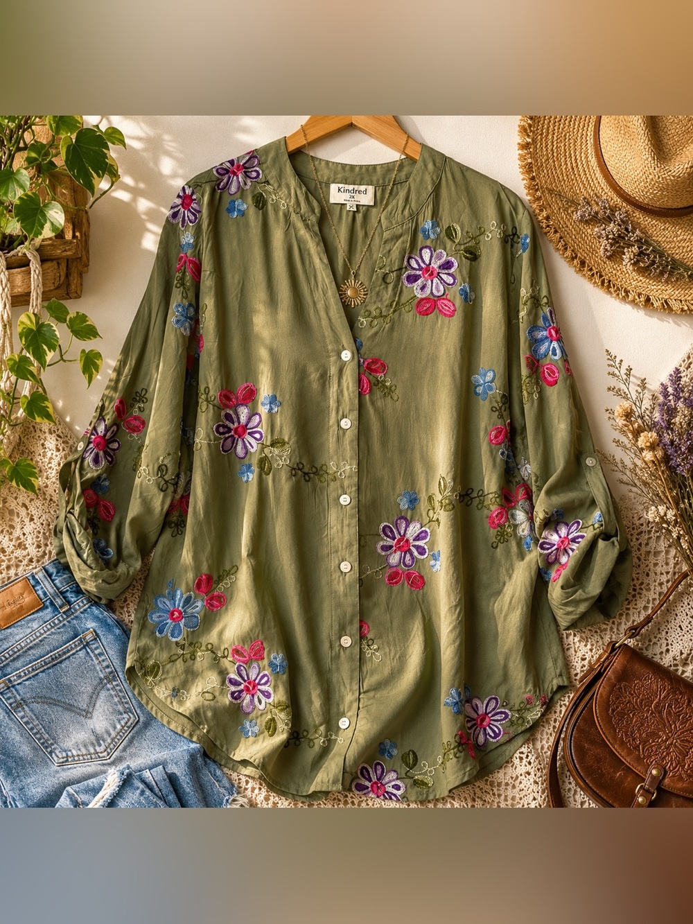 Anthropologie Kindred 2X Embroidered Floral Boho Tunic Blouse